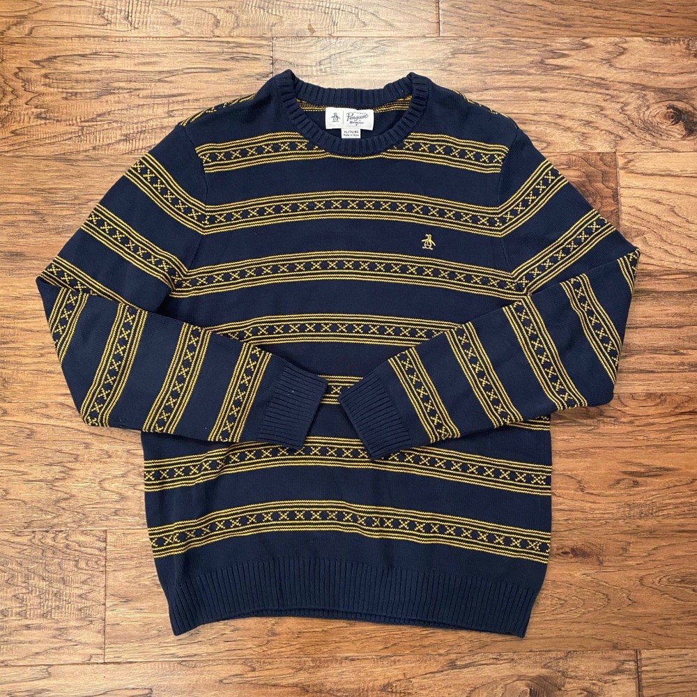 Original Penguin Sweater Mens XL Navy Blue Yellow Fair Isle Crewneck Knit Logo
